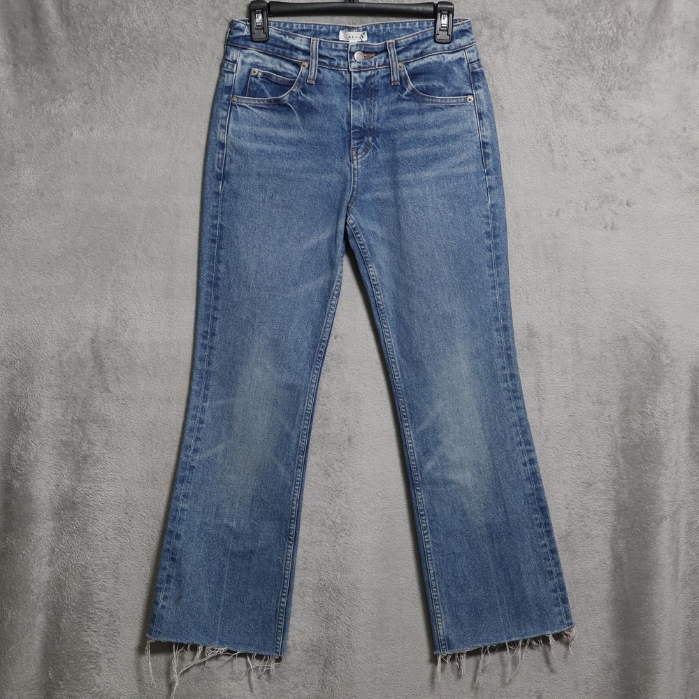 ALC Jeans Womens 27x28 Blue Mid Rise Flare Raw Hem Denim Stretch Whiskering USA
